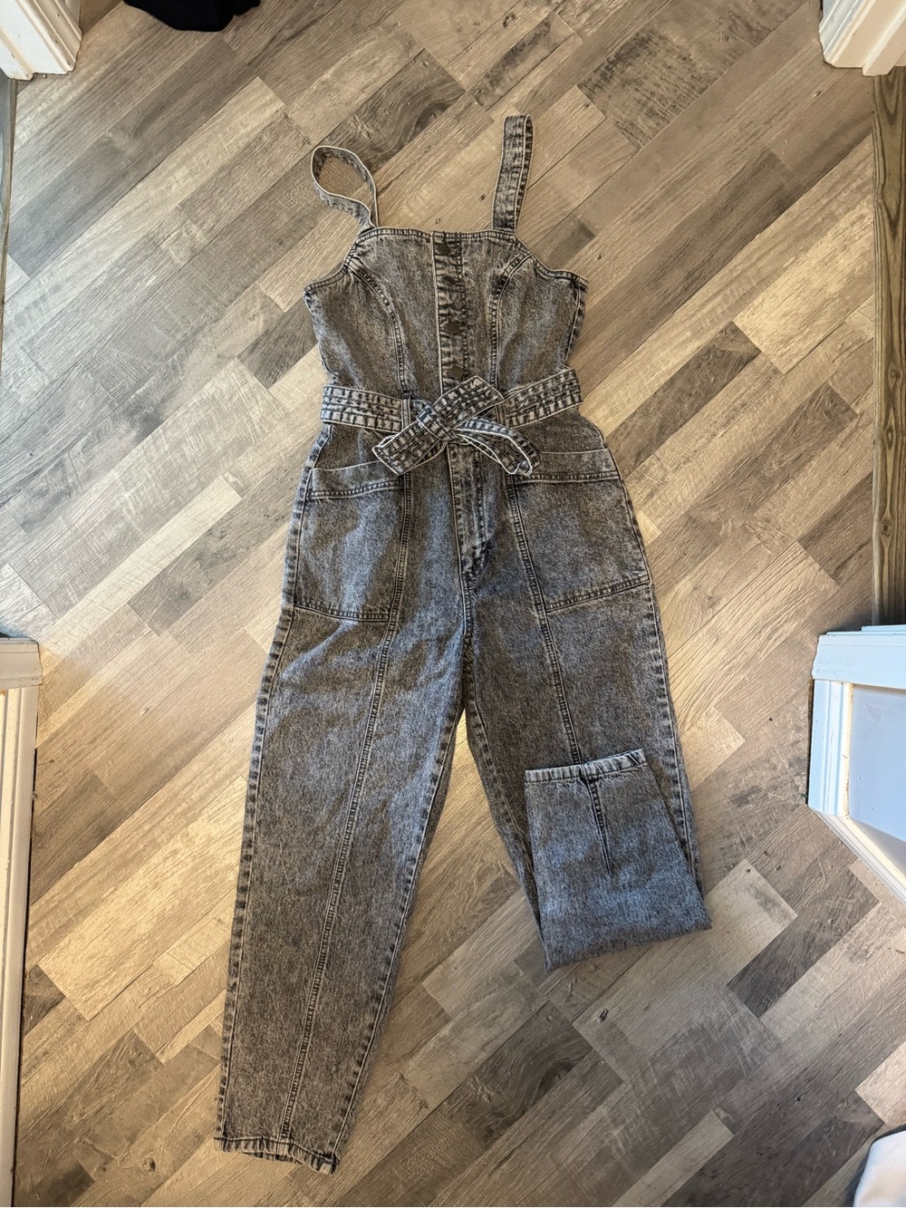 Universal Thread Gray Acid-Wash Denim Overalls with Belt
